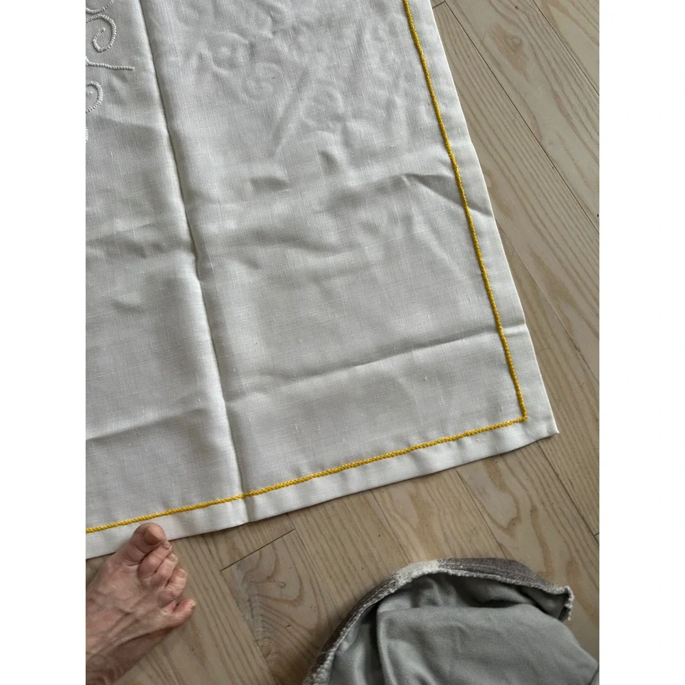 Vintage White Linen Tablecloth Yellow Daisy Hand Embroidered Floral Border